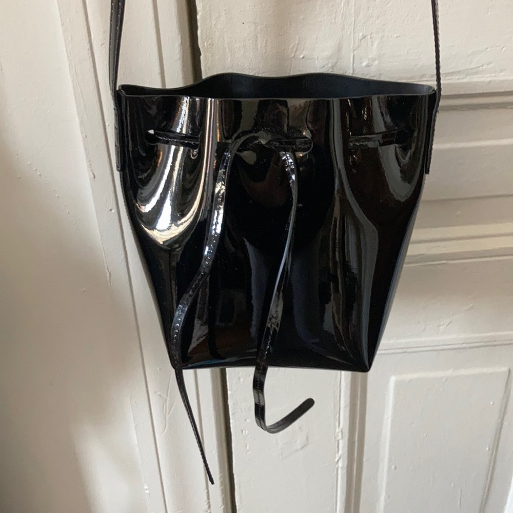 Mansur Gavriel black patent leather bucket bag